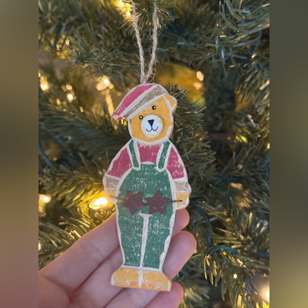 Vintage 1968 Festive Bear Ornament - Green and Red
